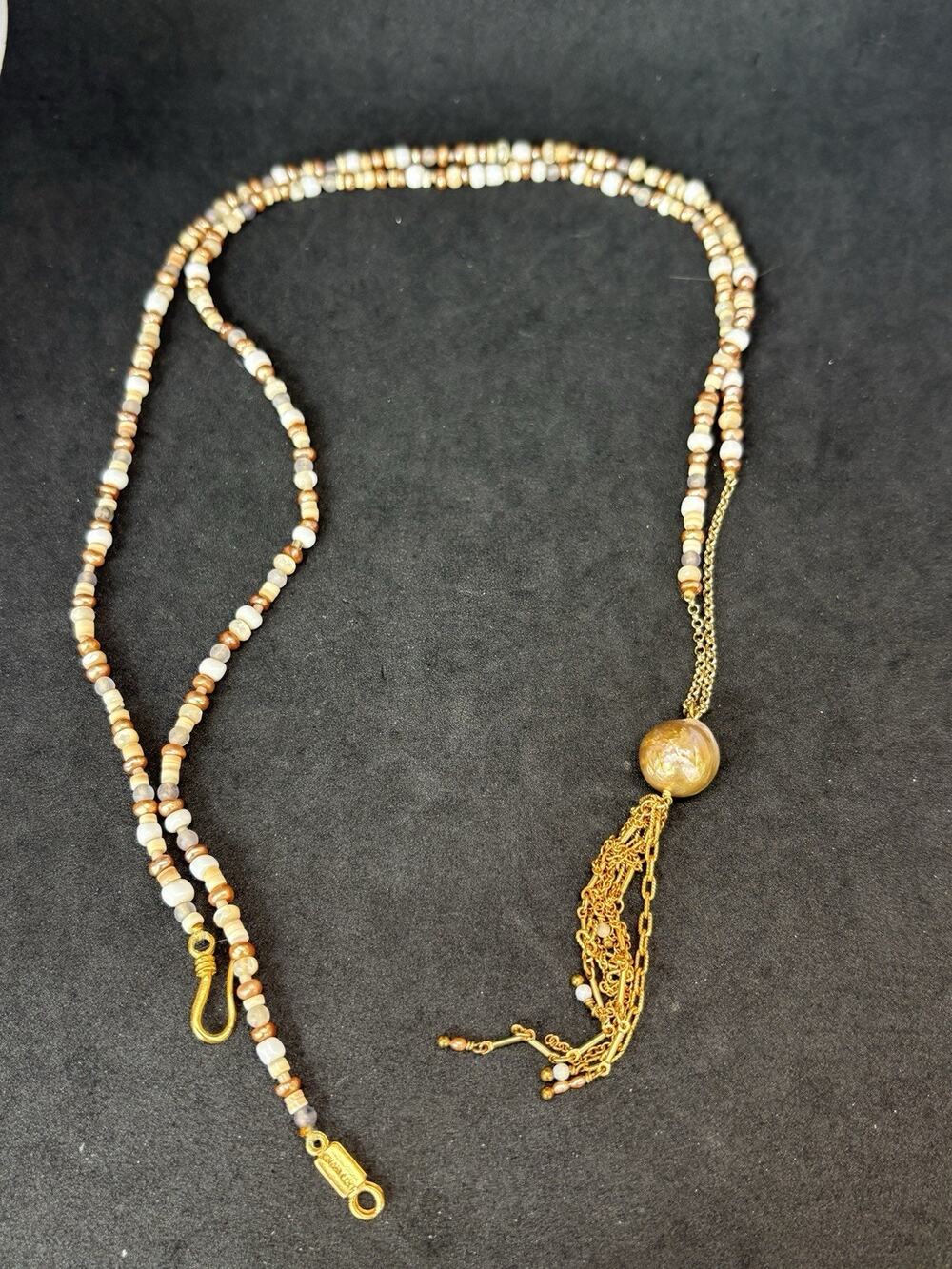 Chan Luu Beaded Necklace Baroque Pearl Gold Plated Hook Clasp Tassel Necklace 32